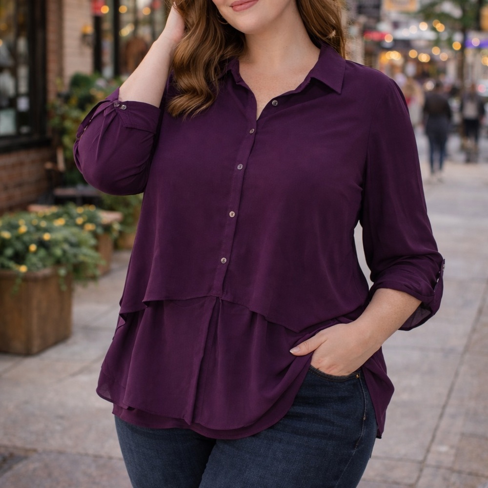 Lane Bryant Purple Semi-Sheer Layered Button-Up Blouse | Long Sleeve Top 18/20